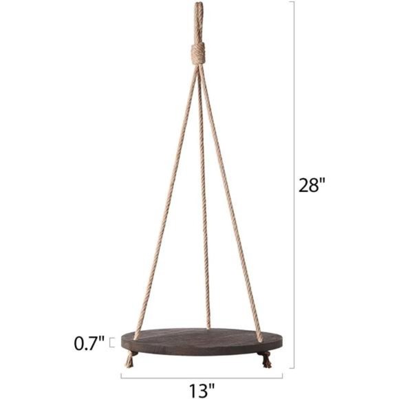 Hanging Plant Shelf Round Wood Rope Hanging Floating Shelf Vintage Home Decor - Picture 5 of 6